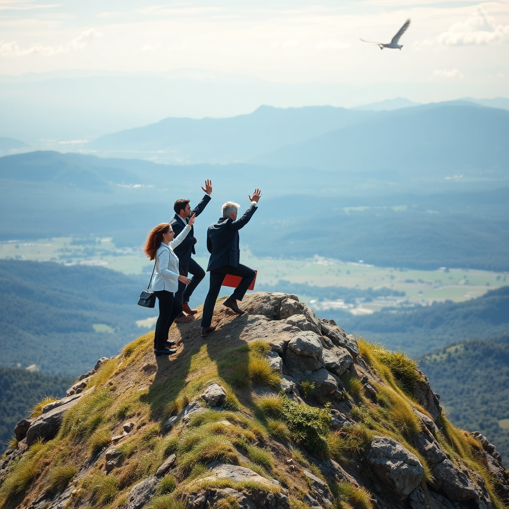 A group of business professionals successfully summitting a small hill together, with a clear view of the valley below. The image should symbolize achievement, collaboration, and the reward of hard work. Use dynamic angles and natural lighting to capture the energy and excitement of the moment.