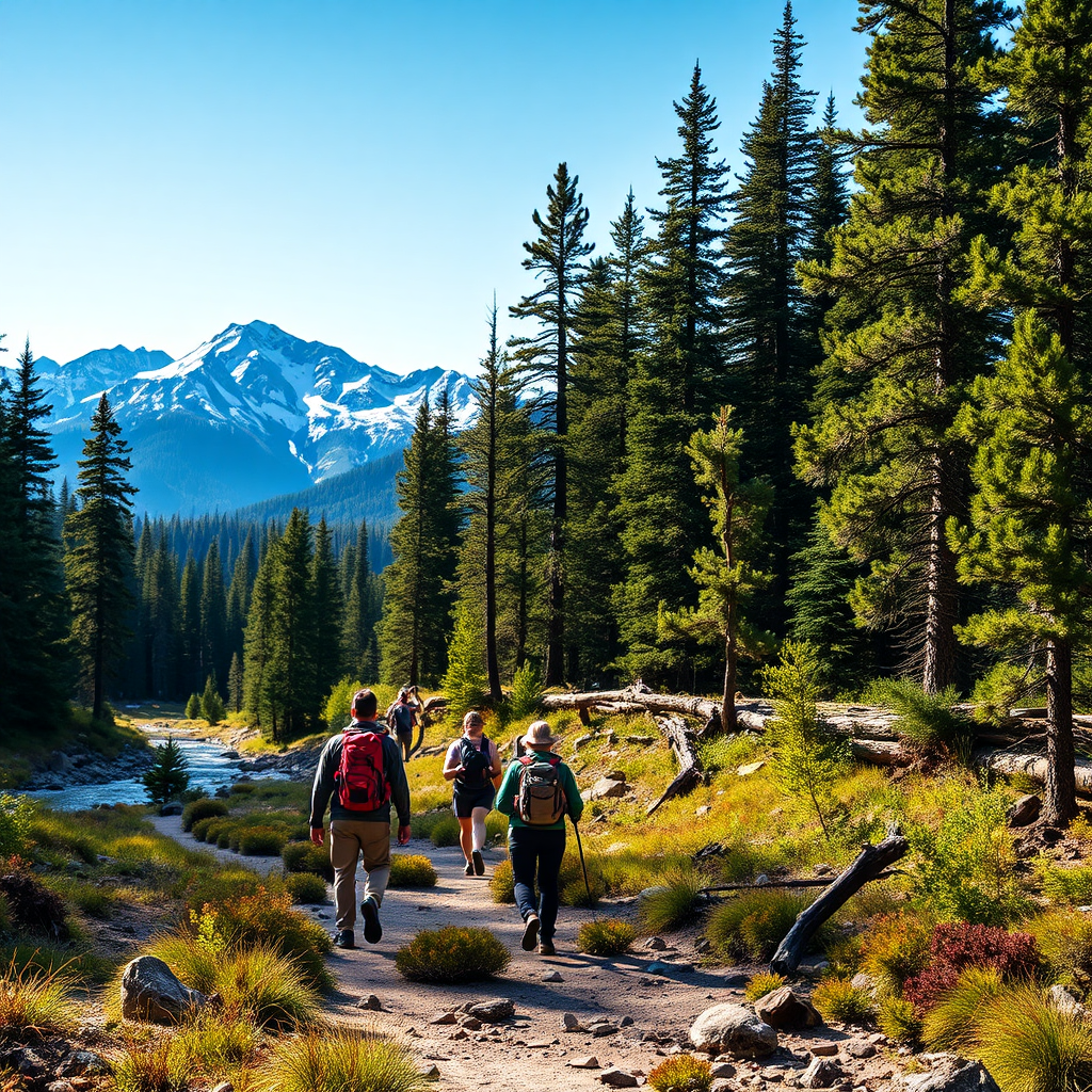 A landscape photograph capturing a group of people hiking through a pristine mountain trail. The scene should showcase the breathtaking beauty of the Montana wilderness, with towering pine trees, crystal-clear streams, and snow-capped peaks in the distance. Use vibrant colors and dramatic lighting to create a sense of adventure and awe.