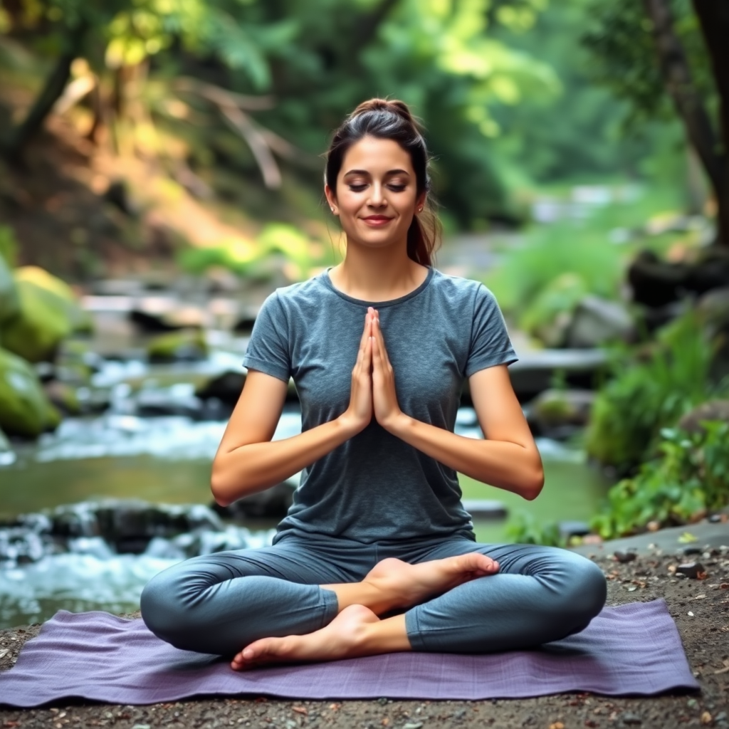 A person sitting in a peaceful meditation pose outdoors near a flowing creek, surrounded by greenery. Soft, diffused lighting creates a calm and serene atmosphere. The focus is on the posture, facial expression, and overall sense of inner peace.