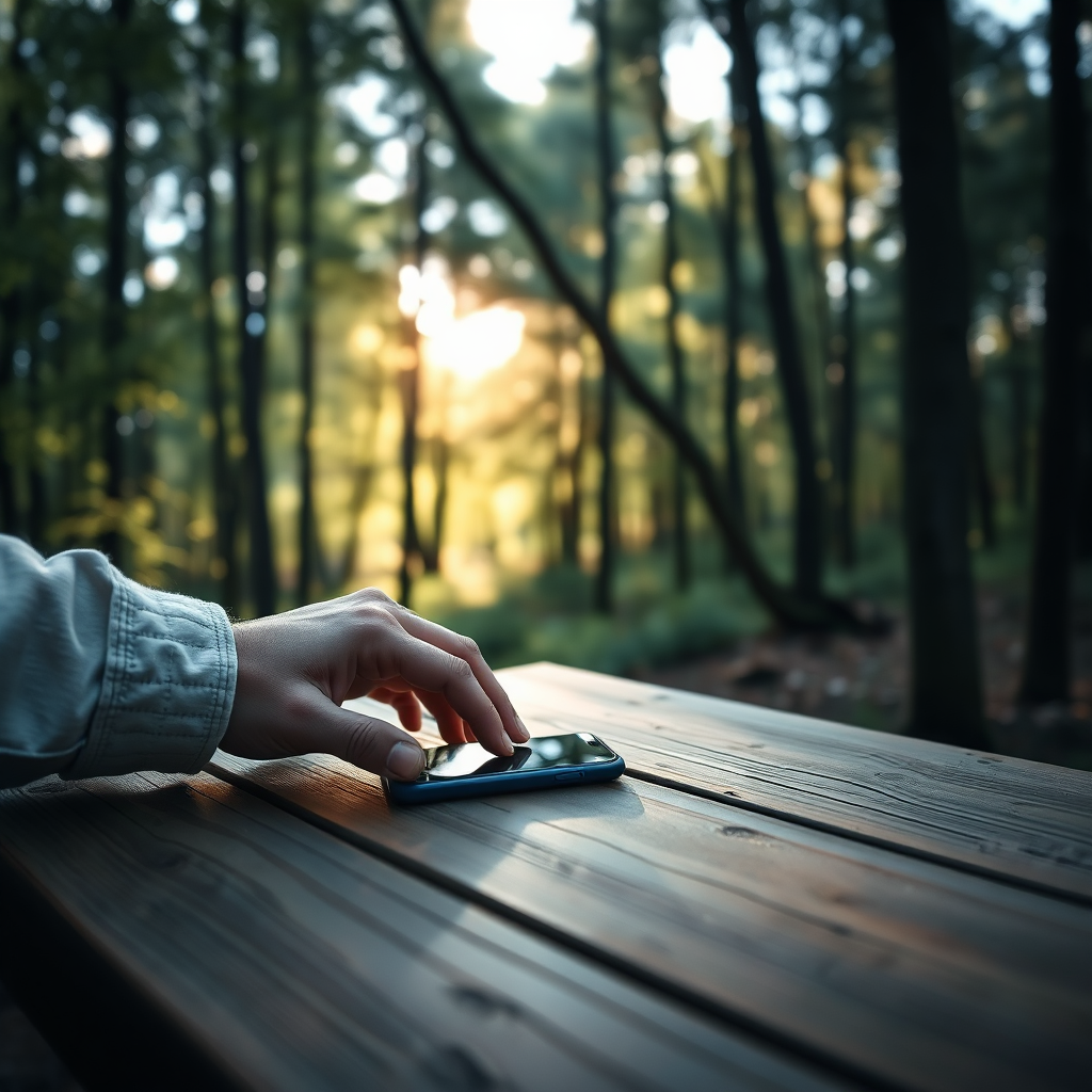A photorealistic image showing a person placing their phone face down on a wooden table amidst a serene forest setting. Soft, natural light filters through the trees, creating a calming and peaceful atmosphere. The emphasis is on the deliberate act of disconnecting and embracing the present moment.