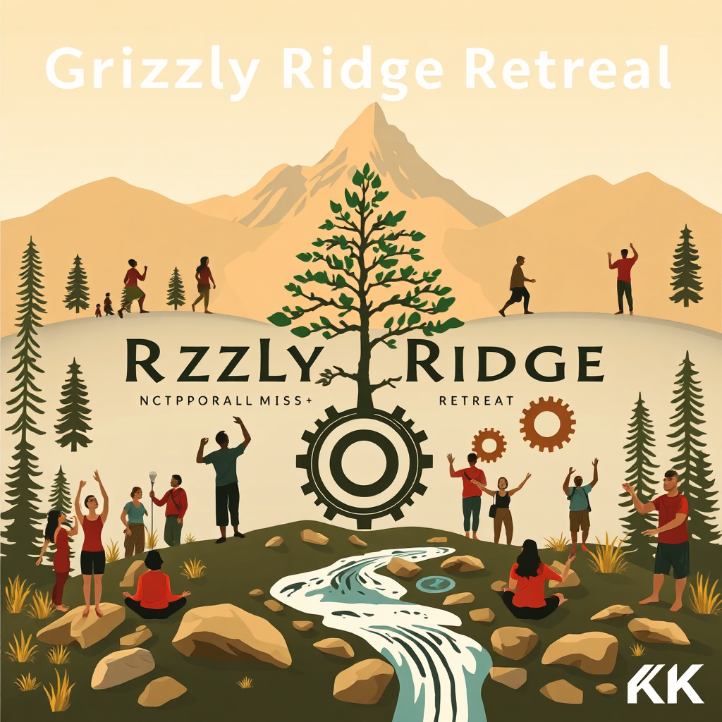 A stylized, high-quality (4K) image representing the core values of Grizzly Ridge Retreat: health, wellness, corporate retreat, team building, and spiritual gatherings. Depict a group of diverse individuals engaged in various activities such as yoga, meditation, hiking, and team-building exercises, all set against the backdrop of the Montana mountains. Use warm, earthy tones and soft lighting to create a welcoming and inclusive atmosphere. Consider incorporating symbolic elements such as a tree representing growth, a flowing river representing renewal, and interlocking gears representing teamwork. Style: Modern, clean, and visually appealing, with a focus on conveying a sense of community and well-being. Camera angle: Eye-level to create a sense of connection.